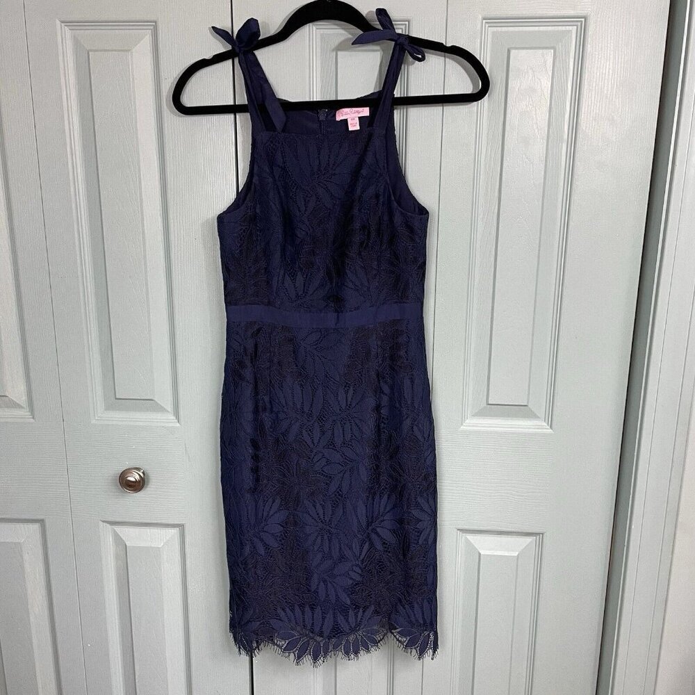 Lilly Pulitzer Kayleigh Bows Scalloped Lace Navy Blue‎ Shift Dress Size 00